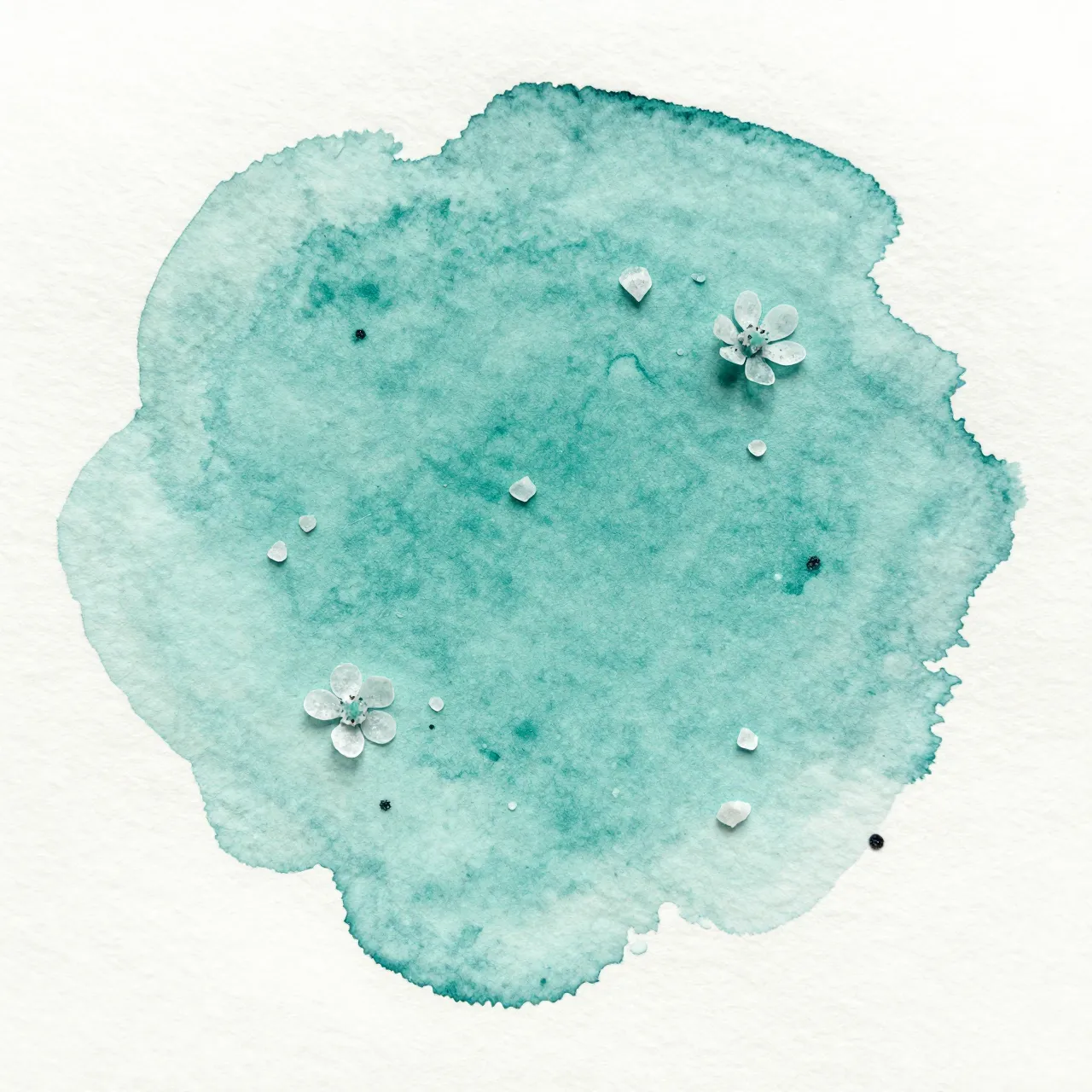 A top view of a teal watercolor wash with salt crystal blooms scattered across textured white paper