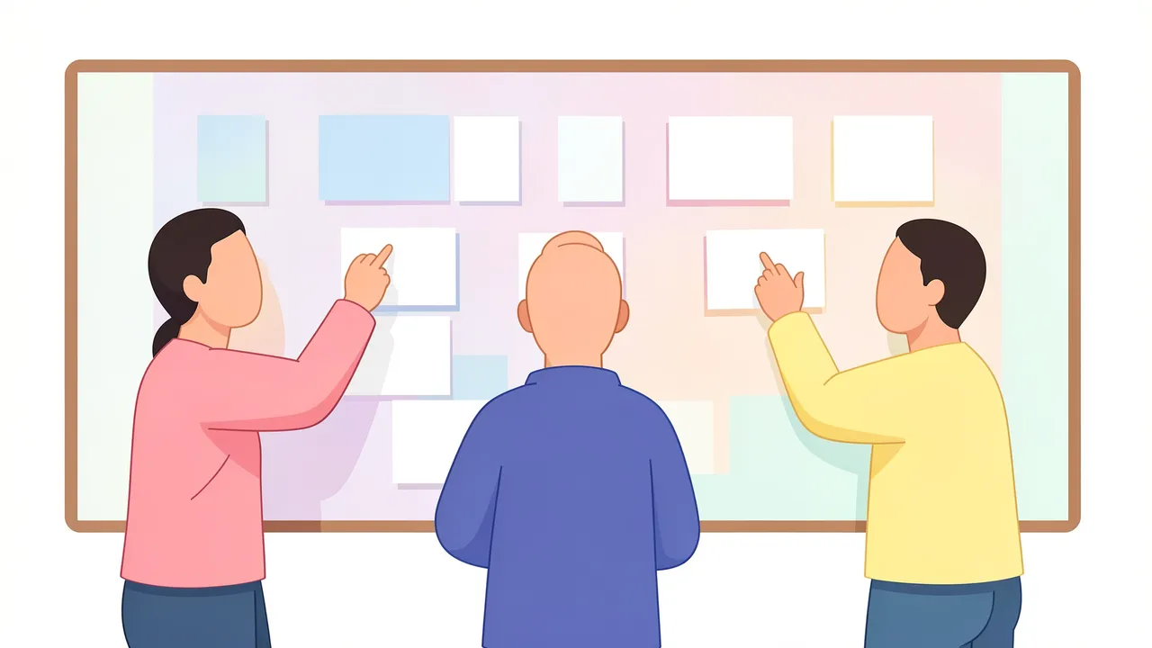 Three faceless illustrated people stand before a board covered in blank sticky notes during a brainstorming session