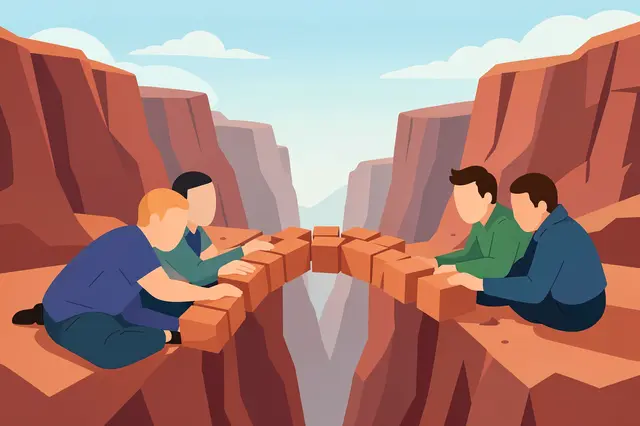 Faceless teammates work together placing blocks to build a bridge spanning a deep rocky canyon