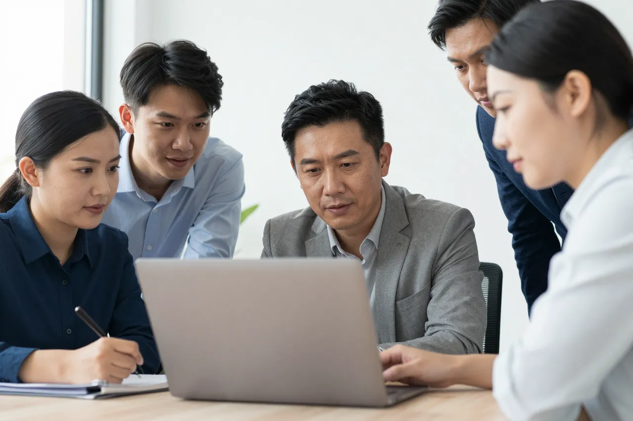 Five adult office workers gather around an unbranded laptop to review work in a bright office