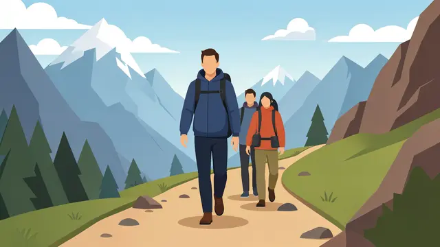 A faceless lead hiker walks ahead of two teammates along a mountain trail with snow-capped peaks in the background