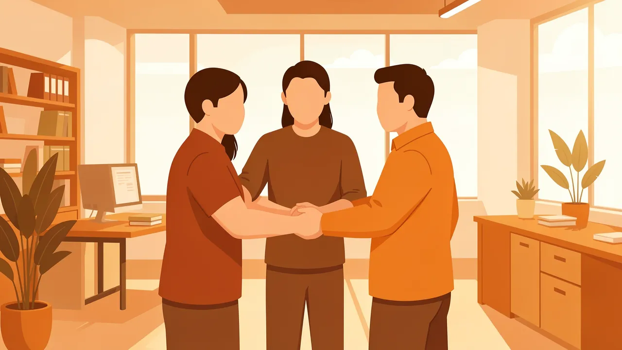 Three faceless office team members stand in a united hand-stacking huddle in a warm sunlit office