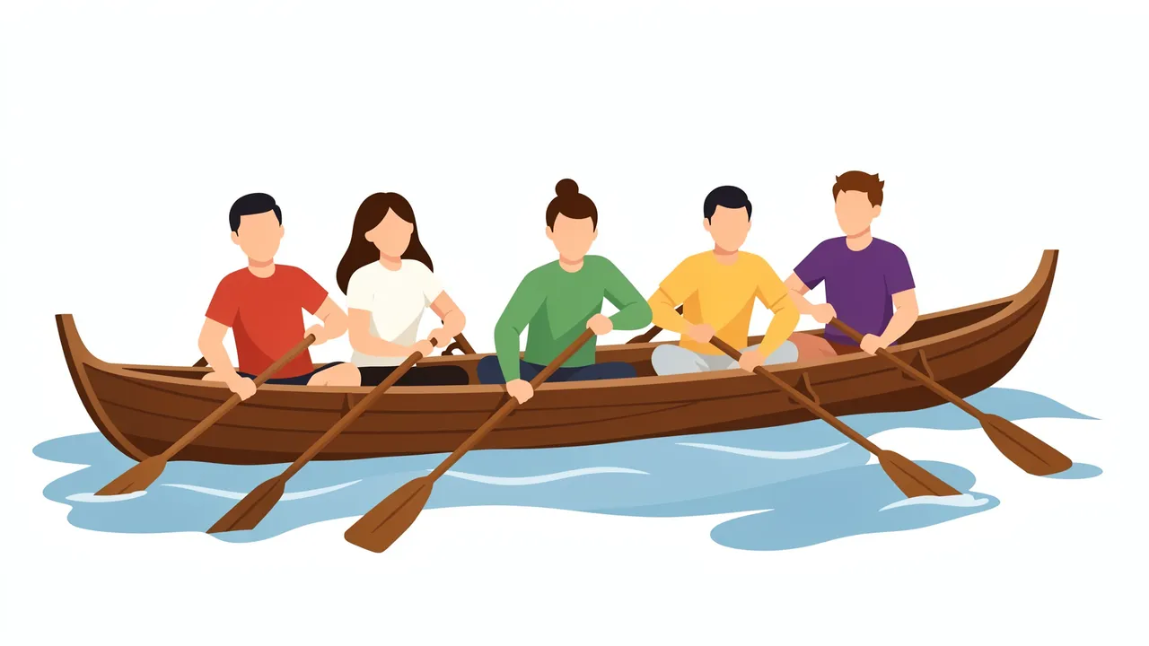 Flat illustration of a faceless five-person team rowing a wooden boat across blue water on a plain white background