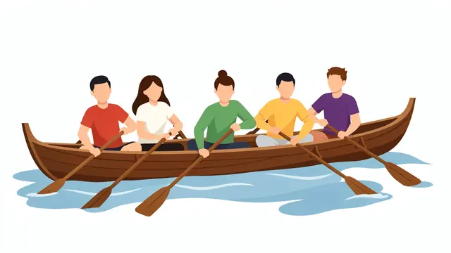 Flat illustration of a faceless five-person team rowing a wooden boat across blue water on a plain white background