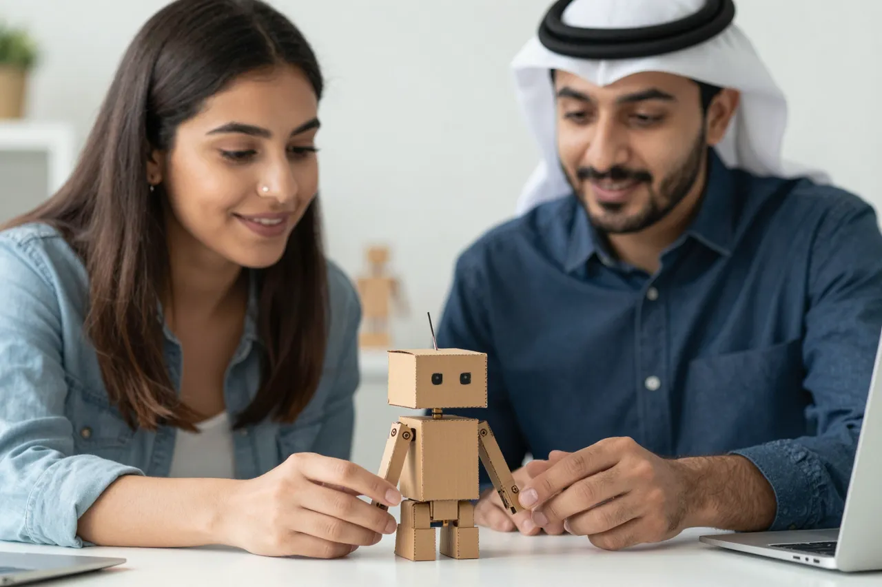 Two smiling colleagues examine a small cardboard robot prototype on an office table
