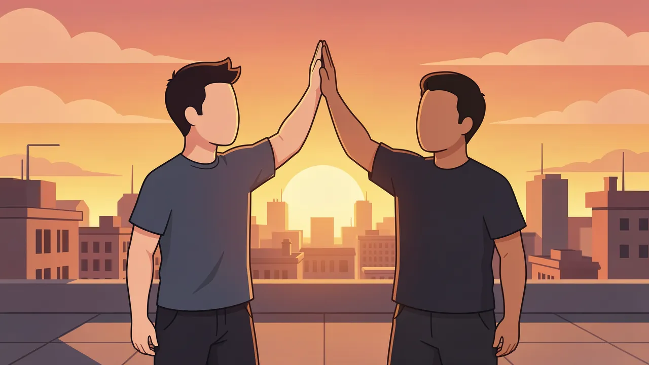 Two faceless teammates high-five on a city rooftop during a warm sunset
