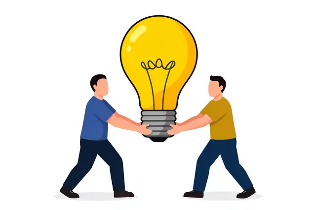 Two faceless flat illustration figures hold a large glowing yellow light bulb together against a plain white background.