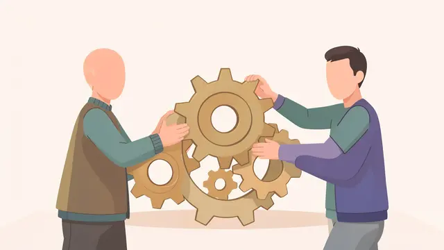 Two faceless people collaborate to fit interlocking large gears together