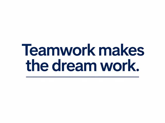 Bold navy sans-serif text reading "Teamwork makes the dream work." with a thin navy rule beneath on a plain white background