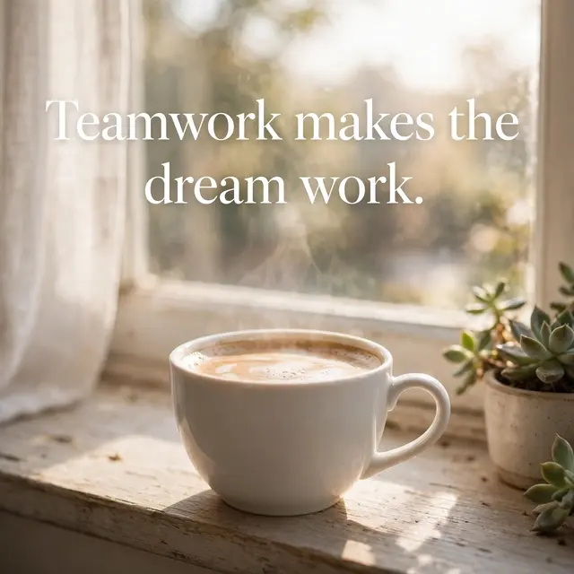A steaming white coffee cup sits on a sunny wooden windowsill with succulents, overlaid with the quote "Teamwork makes the