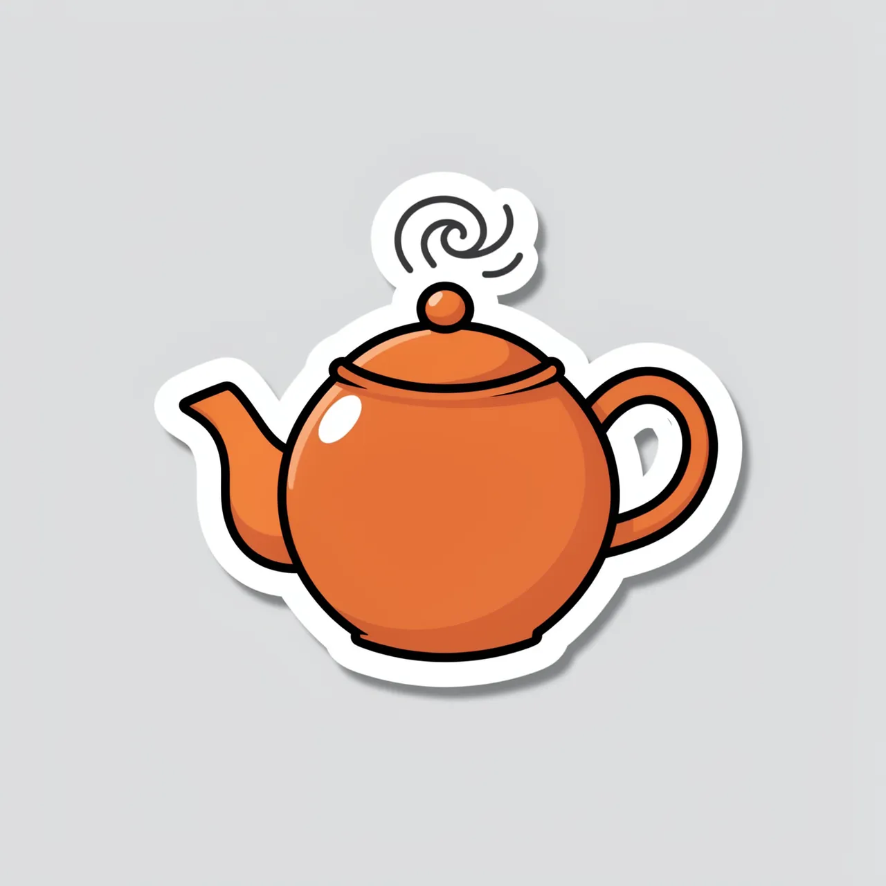 Cute round orange teapot sticker with curling steam and a white border on a light gray background