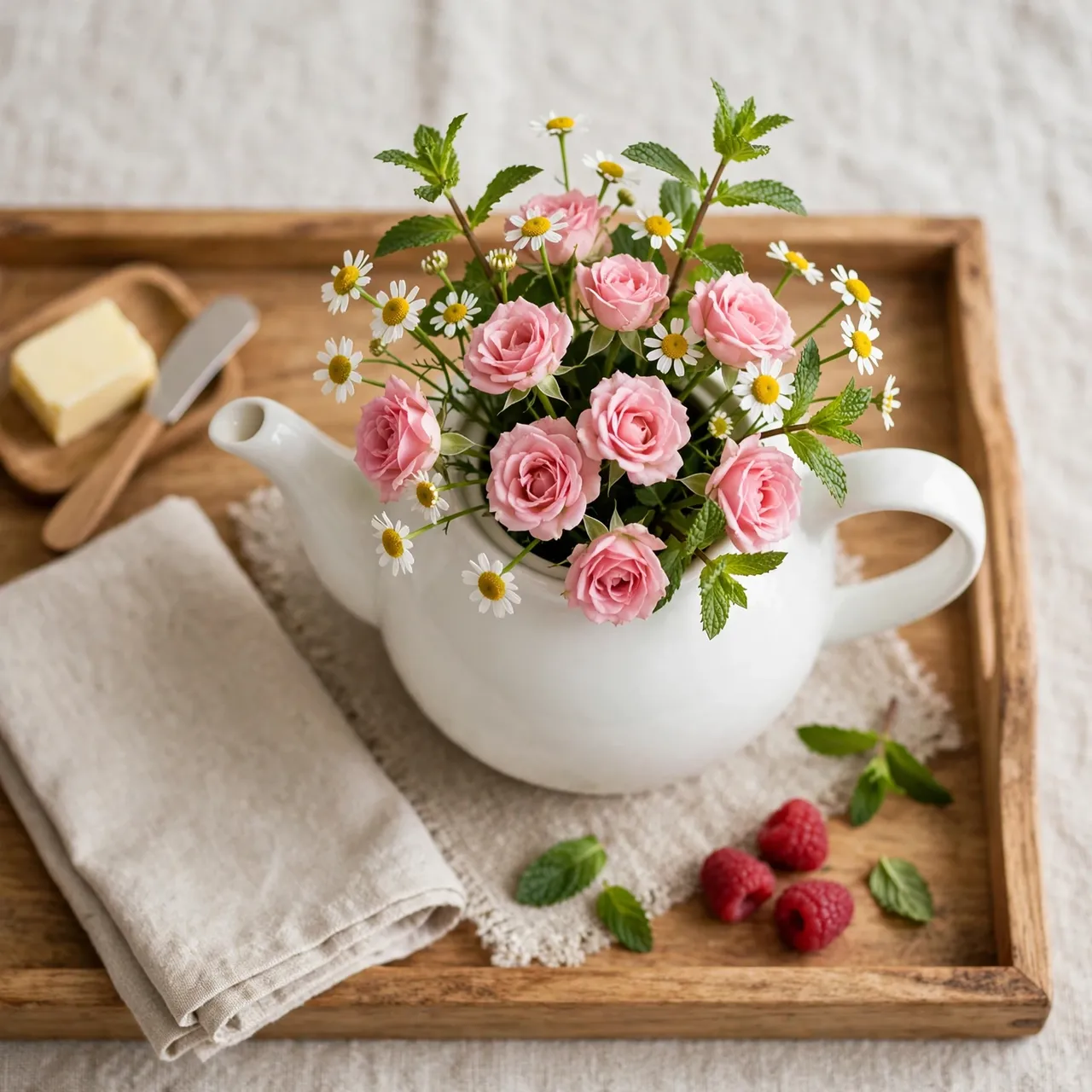 White teapot holding pink roses, chamomile and mint sits on a wooden breakfast tray with small serving items.