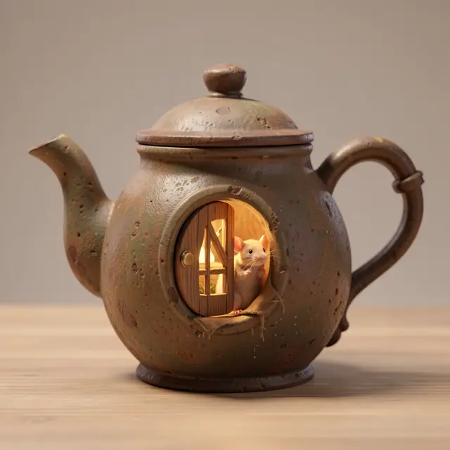 A cozy white mouse peeks from a tiny lit wooden door built into an old weathered teapot.