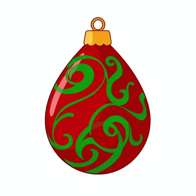 Flat clipart of a red teardrop Christmas ornament with green swirls isolated on a white background