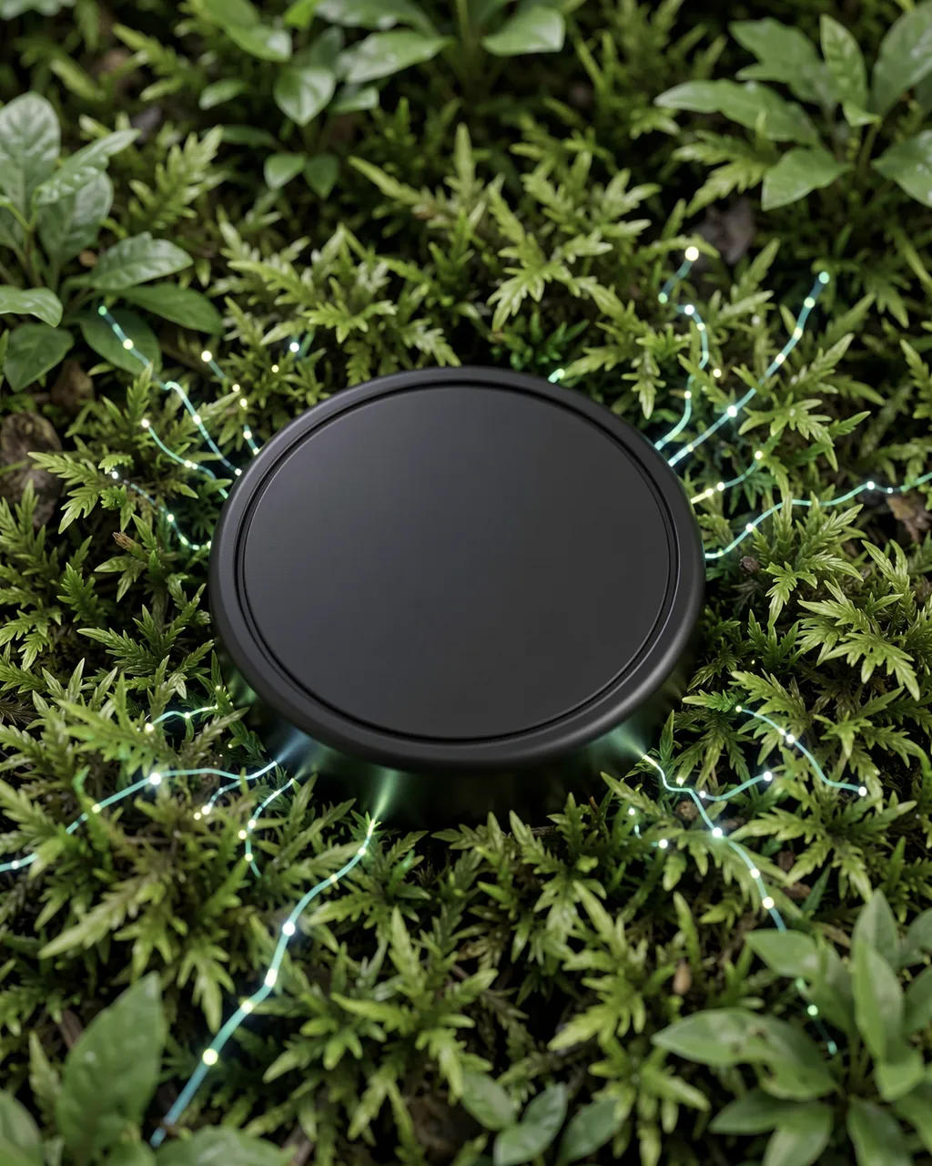 Blank black circular tech component rests on lush green moss with faint glowing luminous traces spreading into surrounding