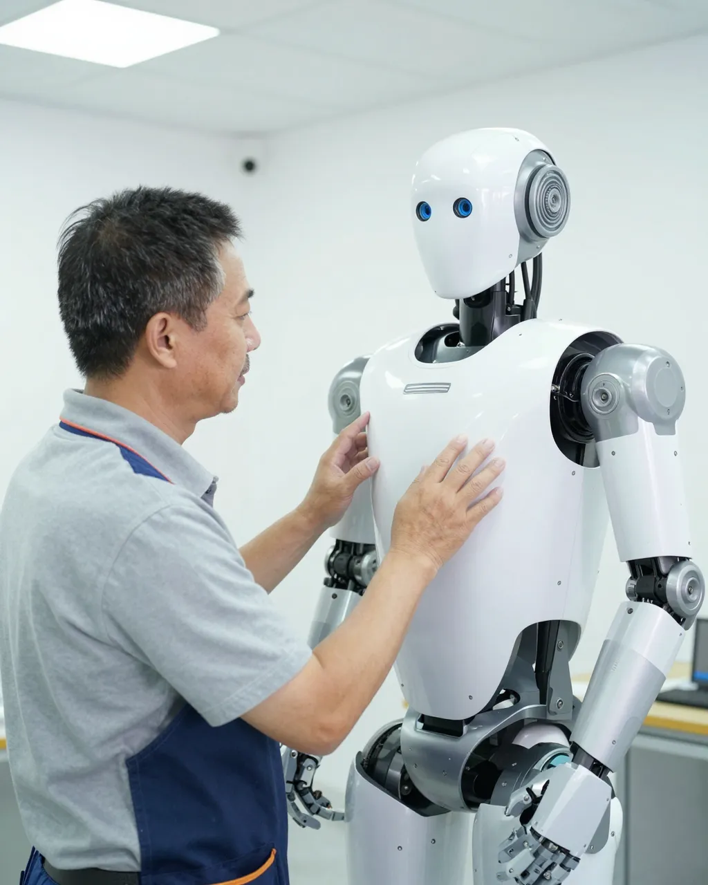 Middle aged Southeast Asian technician inspects and fits a panel to a white humanoid robot in a bright workshop