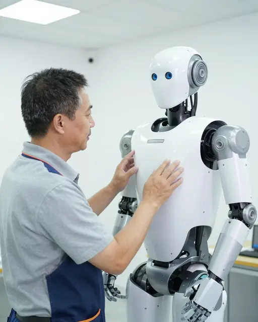 Middle aged Southeast Asian technician inspects and fits a panel to a white humanoid robot in a bright workshop