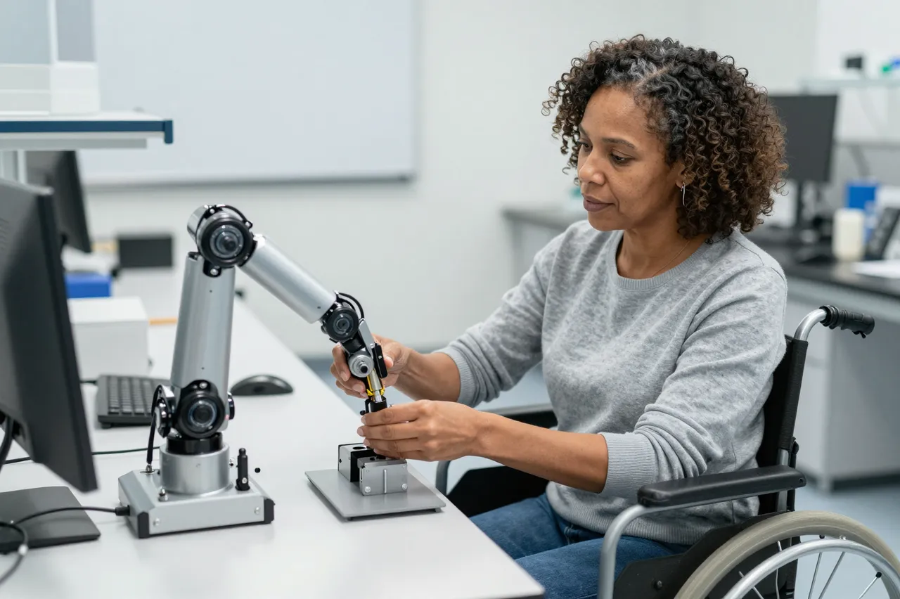 Mixed-race woman in a wheelchair assembles a robotic arm at a lab workbench
