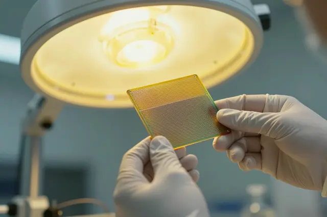 Gloved hands hold a square semiconductor wafer under warm yellow lab lighting