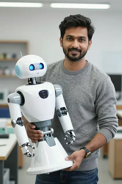 A South Asian man in a gray sweater holds a white humanoid robot in a bright workshop lab.