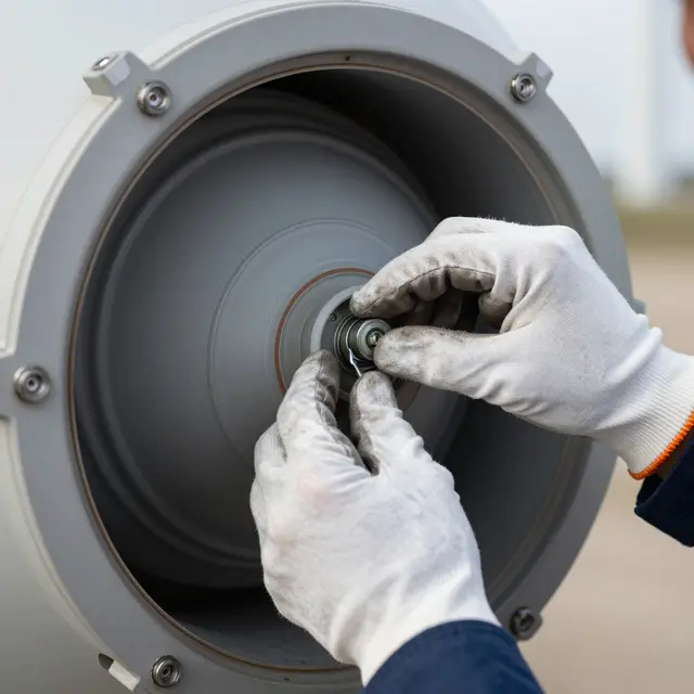 Gloved technician hands adjust and check a bolt inside a wind turbine nacelle opening