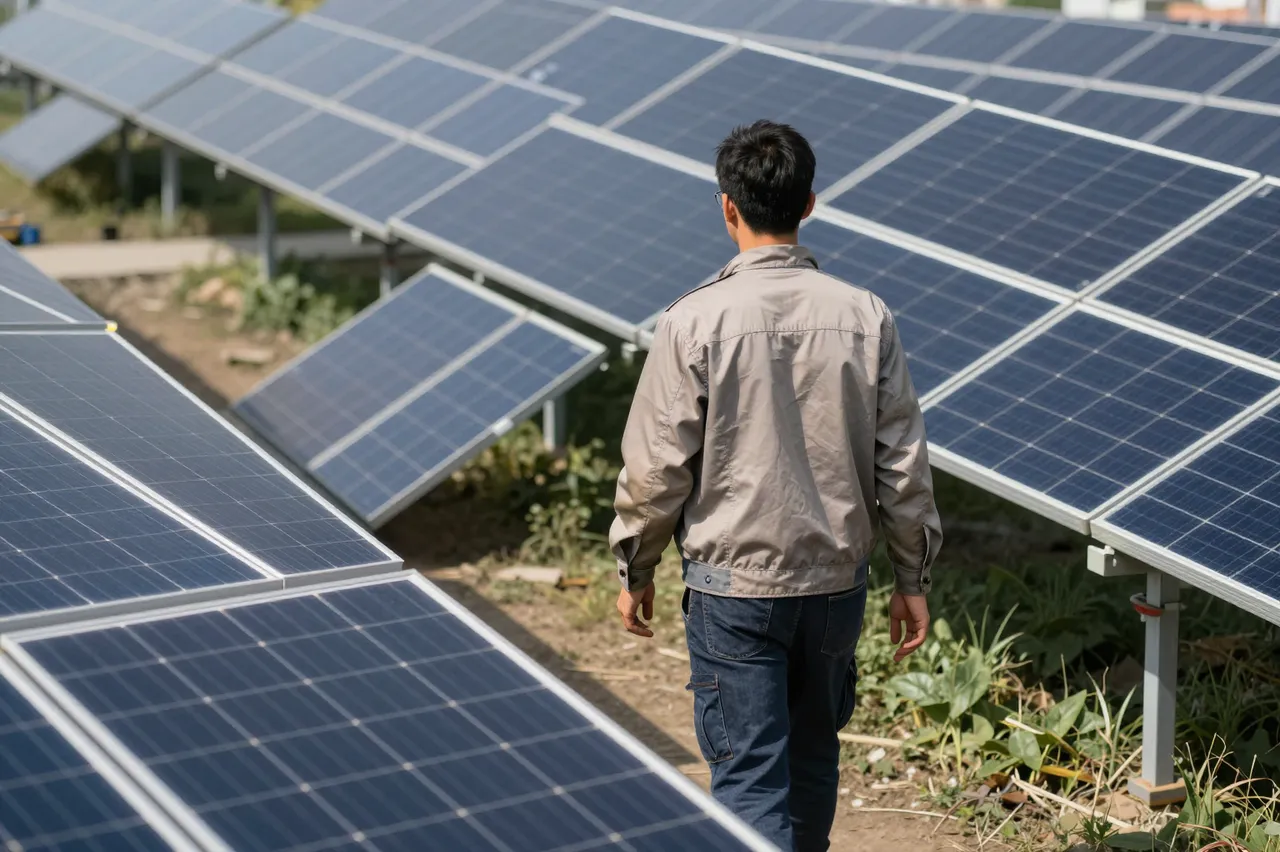 A technician viewed from behind walks along a dirt path between rows of ground-mounted solar panels at a solar farm.