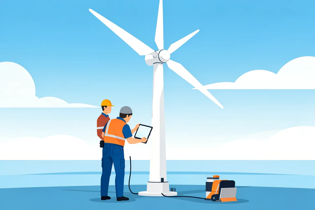 Two industrial technicians examine a wind turbine from its base using a digital tablet under a bright sky