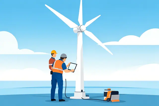 Two industrial technicians examine a wind turbine from its base using a digital tablet under a bright sky
