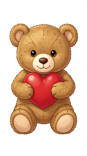 A cute seated brown teddy bear holds a glossy red heart against a plain white background