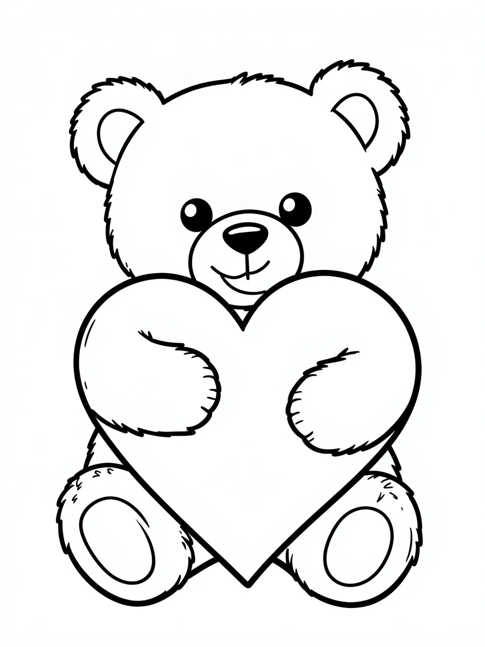 Simple bold black and white line art of a smiling teddy bear holding a large heart on a white background