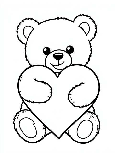 Simple bold black and white line art of a smiling teddy bear holding a large heart on a white background