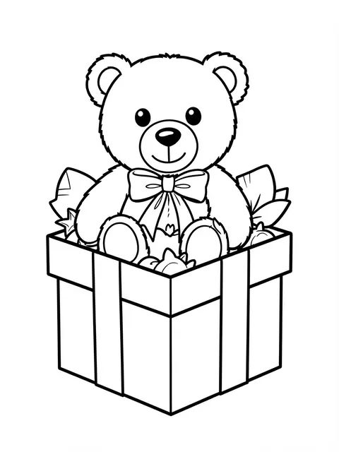 Bold black and white line art of a smiling teddy bear sitting inside an open Christmas gift box.