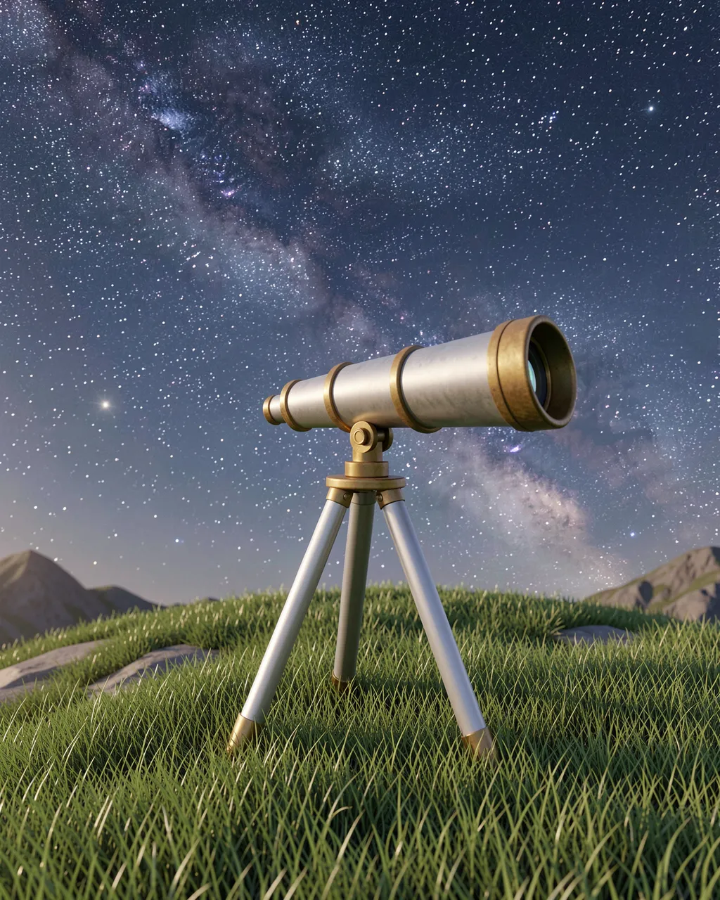 A vintage brass and silver telescope on a grassy hilltop points toward a bright starry night sky with the Milky Way