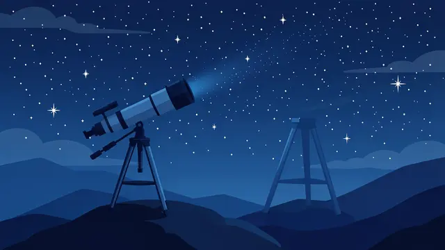 A vector illustration of a telescope on a hilltop beneath a starry deep blue night sky, with an empty tripod beside it.
