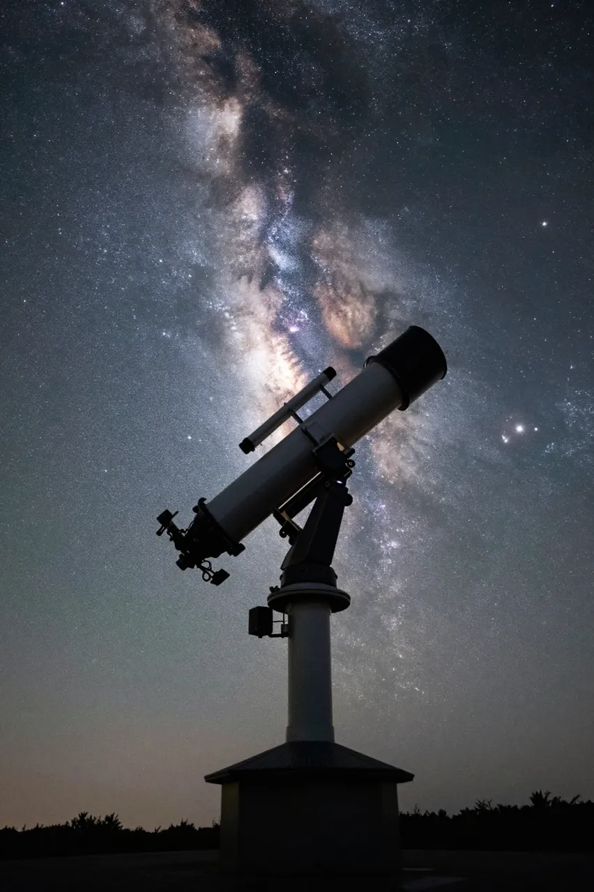 A telescope silhouette on a hilltop stands against a vivid, detailed milky way night sky