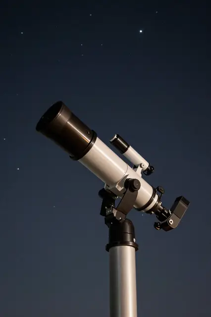 A refractor telescope on a mount points upward toward a dark star-dotted night sky