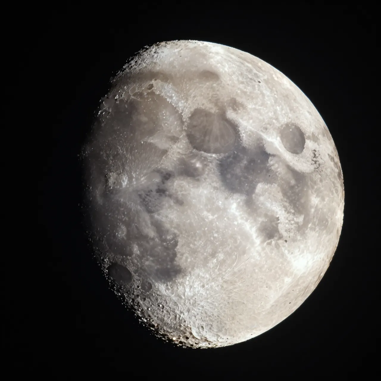 Close-up telescope view of a cratered gibbous moon set against deep black space