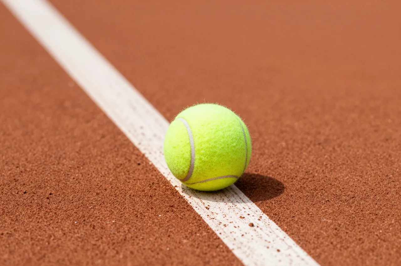 Close-up of a yellow tennis ball resting on the white boundary line of a red clay tennis court in bright sunlight