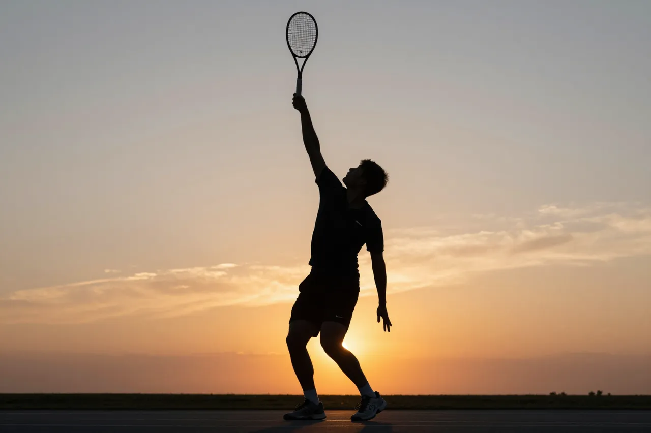 Silhouette of a tennis player mid-serve against a warm gradient sunset sky