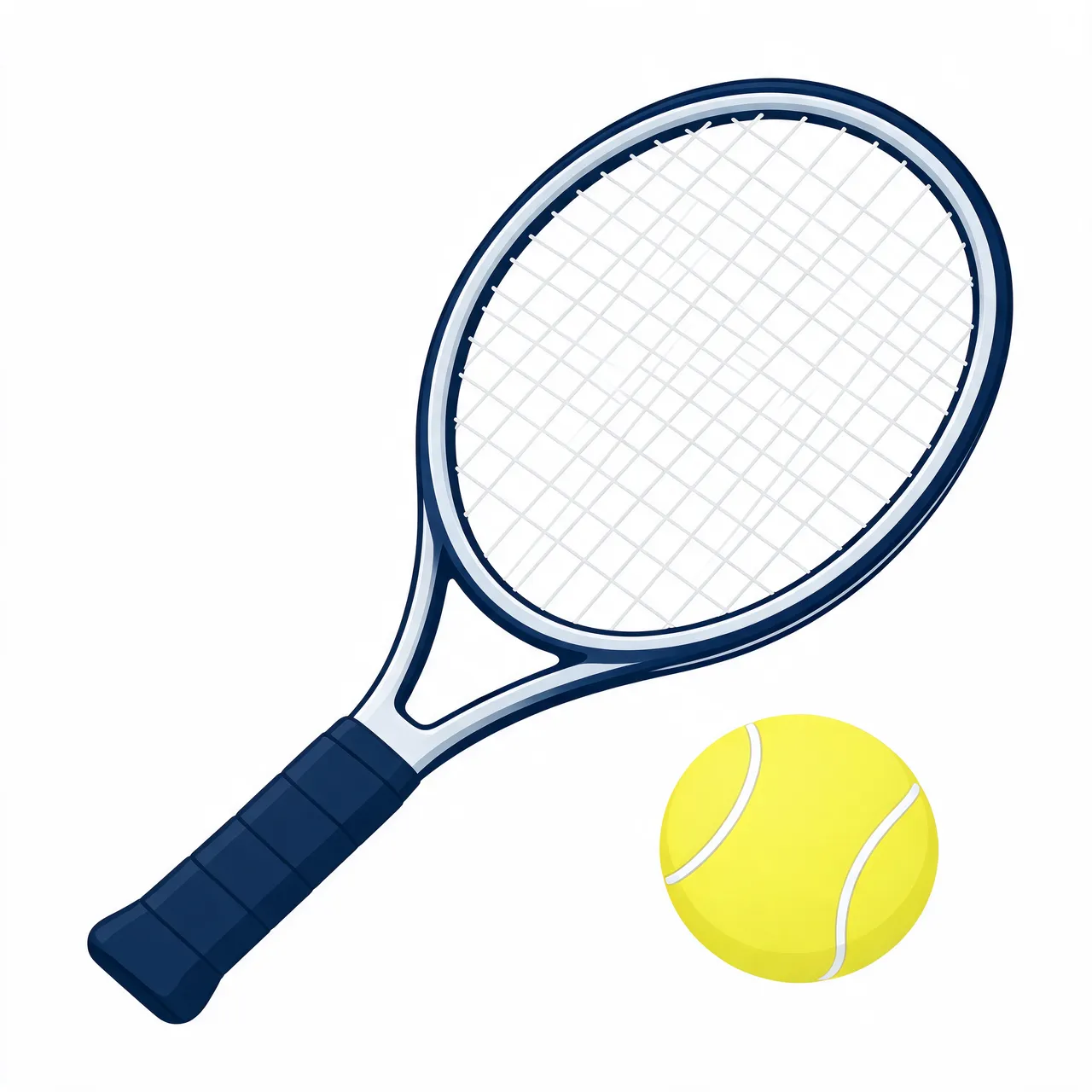 Flat clipart illustration of a tennis racket and yellow tennis ball on a plain white background