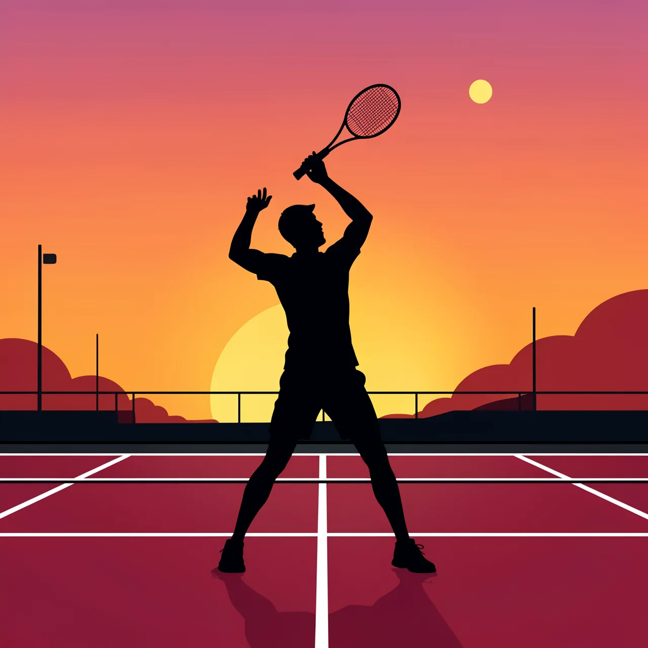 Black silhouette of a tennis player preparing to serve on a court against a vibrant gradient sunset sky