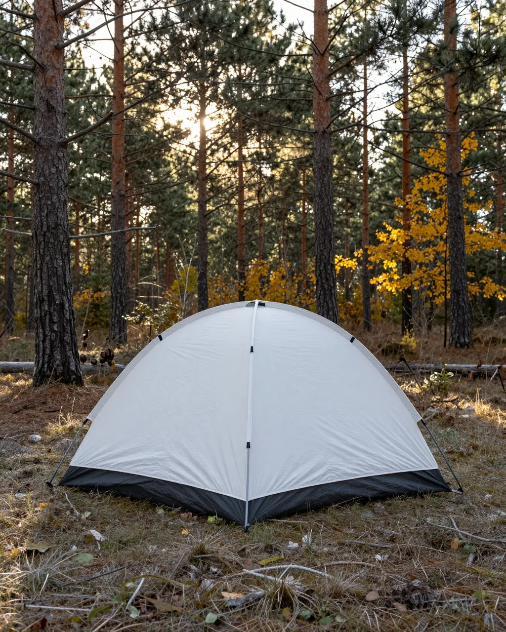 White dome tent sits on a pine forest campsite as low sun filters through trees on a cool autumn morning