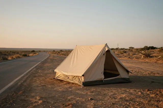 A canvas tent sits pitched on dirt next to a winding paved desert road during warm golden sunset