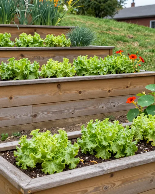 Tiered wooden raised garden beds with lettuce, chives and nasturtiums on a sloped backyard