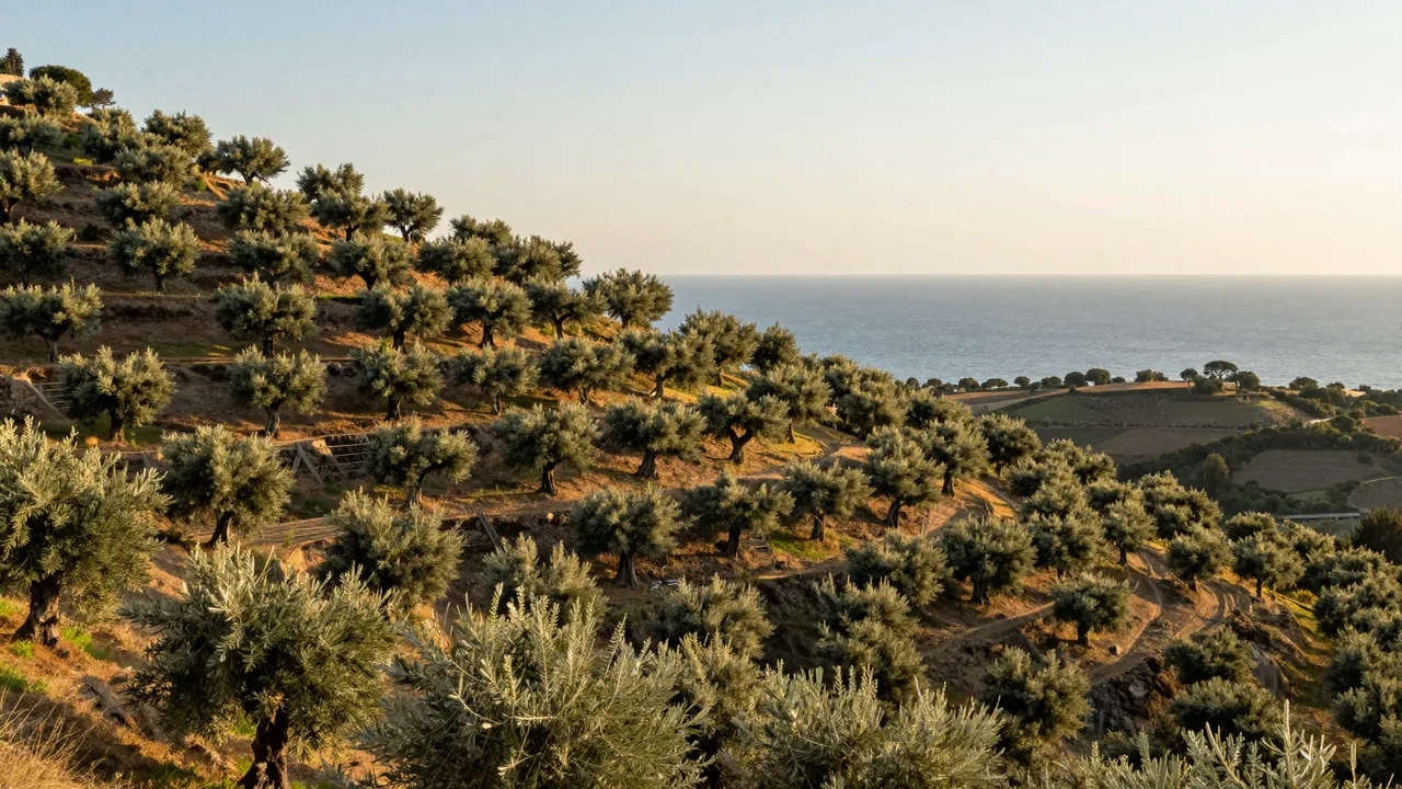Rows of olive trees cover terraced hills overlooking the calm Aegean Sea in warm golden hour light