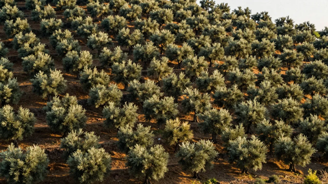 Rows of olive trees grow on a stepped terraced hillside lit by warm golden sunset light