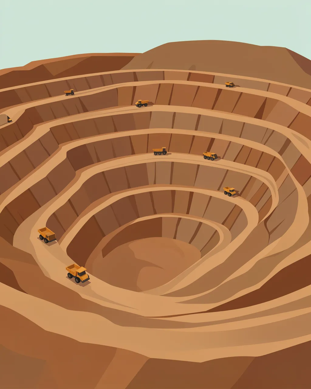 Flat vector illustration of a terraced open-pit mine with small dump trucks on winding access roads