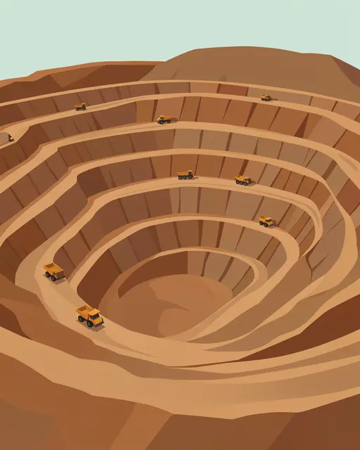 Flat vector illustration of a terraced open-pit mine with small dump trucks on winding access roads