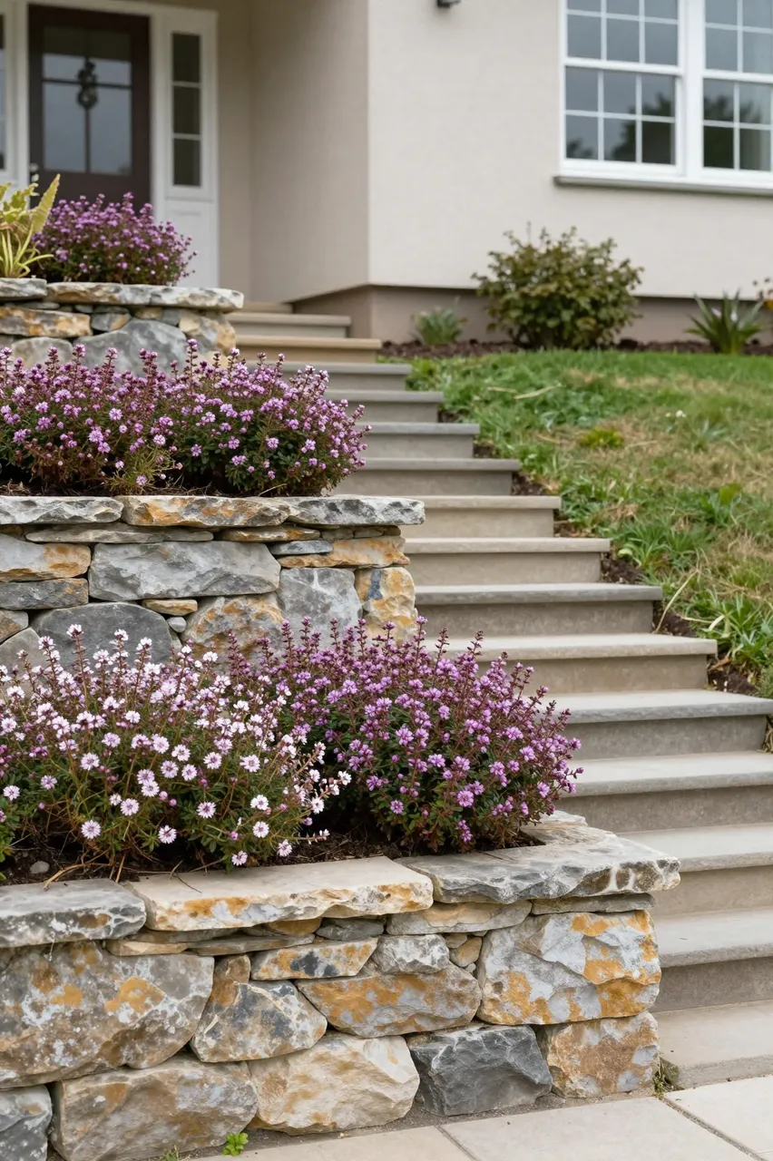 Concrete steps ascend past stacked stone retaining walls planted with flowering herbs to a residential home entrance.