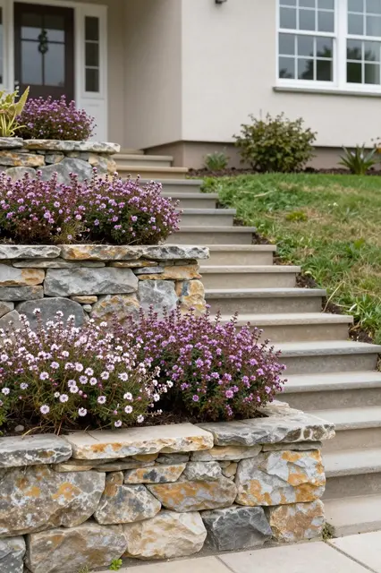 Concrete steps ascend past stacked stone retaining walls planted with flowering herbs to a residential home entrance.